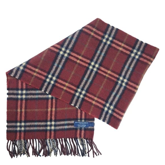 BURBERRY London Classic Nova Check Knit 100% Cashmere Fringe Maroon SCARF - Picture 1 of 7